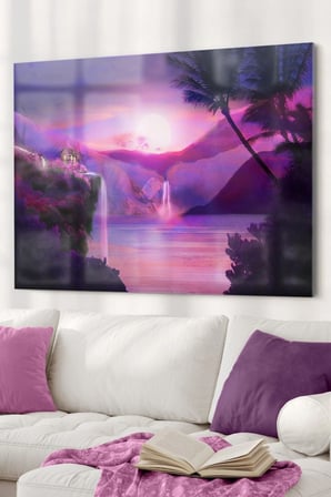 Şelale Ve Mor Gün Batımı | Doğa Temalı Cam Tablo | 50x70 Cm