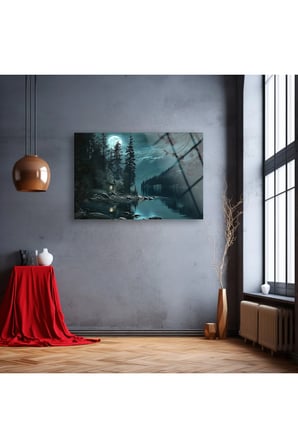Gece Manzarası Cam Tablo , Salon Duvar Dekoru , Temperli Cam Üzeri Baskı , Asılmaya Hazır, Ev Dekoru