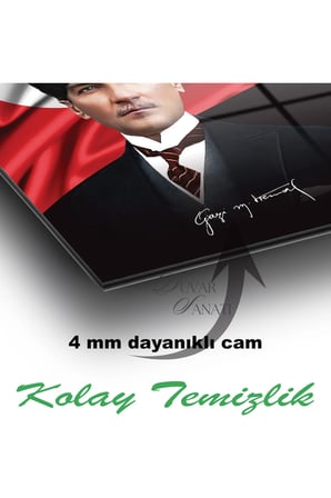 Atatürk Portre ve Türk Bayrağı Dikey Cam Tablo, Modern Duvar Dekoru , Kurum Ofis İş Hediyelik Tablo