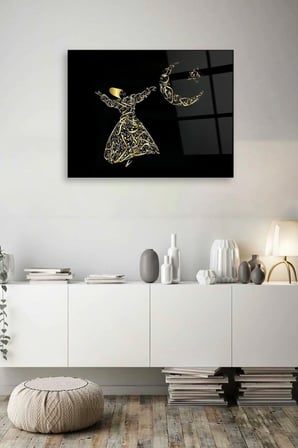 Mevlana Ayyıldız Siyah Gold Cam Tablo