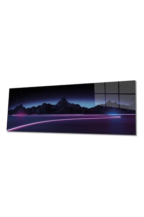 Retrowave Synthwave Dağlar Panorama Cam Tablo, Darbelere Dayanıklı Kırılmaz Temperli