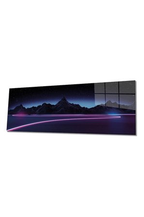 Retrowave Synthwave Dağlar Panorama Cam Tablo, Darbelere Dayanıklı Kırılmaz Temperli