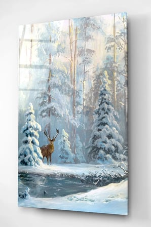 Kar Manzaralı Geyik Cam Tablo, Dekoratif Cam Tablo