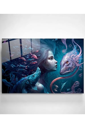 Mermaid And Fishes Cam Tablo, Dekoratif Cam Tablo