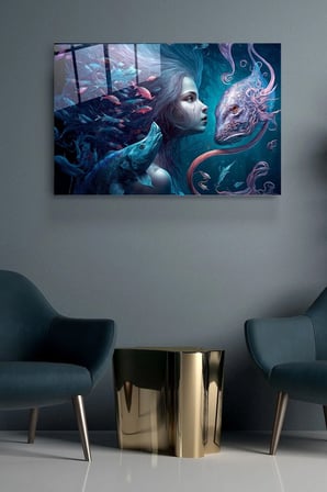 Mermaid And Fishes Cam Tablo, Dekoratif Cam Tablo