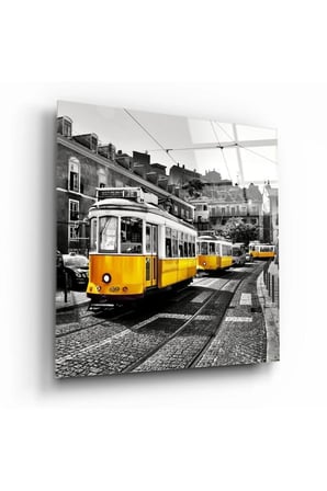 Lizbon Sarı Tramvay Cam Tablo | Hediyelik, Dekoratif, Ofis, Mutfak