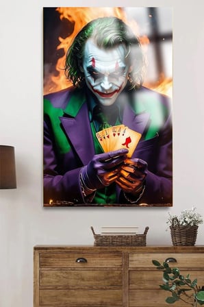 JOKER HARİKA KARTLI TASARIM KIRILMAZ LÜKS CAM TABLO ULTRA CANLI RENKLER EV, İŞ YERİ, OFİS HEDİYESİ