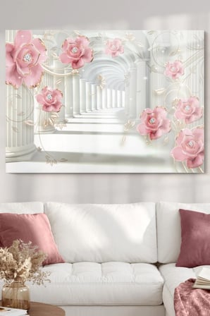Pembe Gül Ve Inci | Çiçek Temalı Cam Tablo | 50x70 Cm