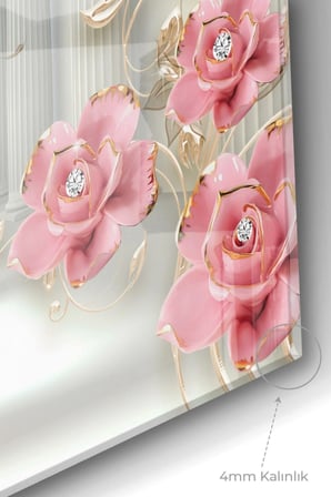 Pembe Gül Ve Inci | Çiçek Temalı Cam Tablo | 50x70 Cm