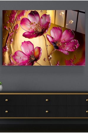 Pink Flowers Cam Tablo, Dekoratif Cam Tablo