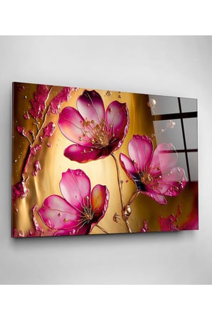 Pink Flowers Cam Tablo, Dekoratif Cam Tablo