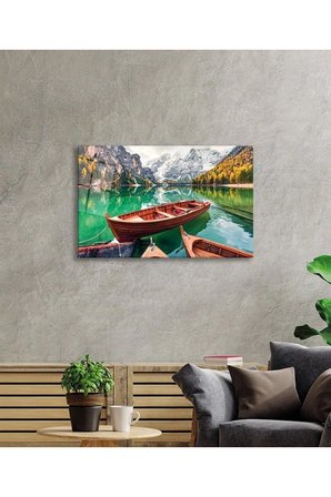 Göl, Kaya, Kayık Ve Orman Doğa Manzarası Cam Tablo, Temperli ve Rodajlı Dayanıklı Cam