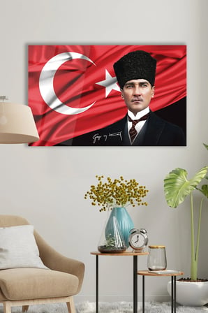 Atatürk Portre ve Türk Bayrağı Yatay Cam Tablo, Modern Duvar Dekoru , Kurum Ofis İş Hediyelik Tablo