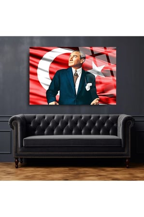 Atatürk Bayraklı Lüks 4mm Kırılmaz Temperli Yüksek Çözünürlüklü Cam Tablo
