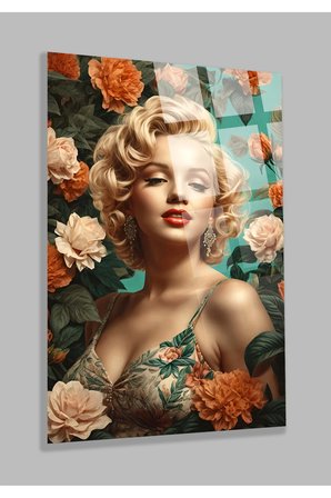 ULTRA YÜKSEK ÇÖZÜNÜRLÜKLÜ ÇİÇEKLİ MARİLYN MONROE 4MM KIRILMAZ CAM TABLO EV, SALON, HEDİYESİ