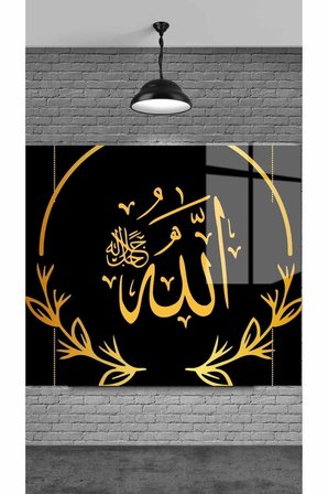 SİYAH ZEMİNE ALLAH DEKORATİF TEMPERLİ CAM ÜZERİNE TABLO SEVGİLİNİZE YILBAŞI HEDİYE