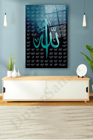 Allah'ın 99 İsmi Esmaül Hüsna Dini Dikey Cam Tablo Ev Ofis Salon Duvar Dekoru Hediyelik Büyük Tablo