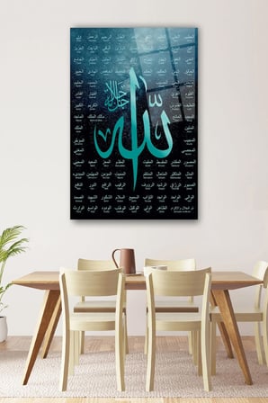 Allah'ın 99 İsmi Esmaül Hüsna Dini Dikey Cam Tablo Ev Ofis Salon Duvar Dekoru Hediyelik Büyük Tablo