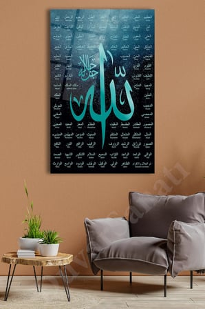 Allah'ın 99 İsmi Esmaül Hüsna Dini Dikey Cam Tablo Ev Ofis Salon Duvar Dekoru Hediyelik Büyük Tablo