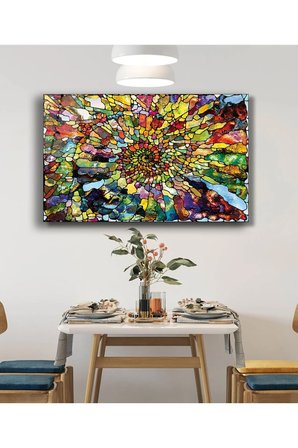Rengarenk Geometrik Soyut Cam Tablo, Temperli ve Rodajlı Dayanıklı  Cam