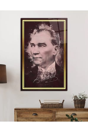 Gold Şeritli İmzalı Atatürk Portresi Cam Tablo, Darbelere Dayanıklı Kırılmaz Temperli