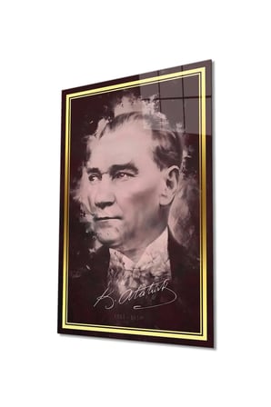Gold Şeritli İmzalı Atatürk Portresi Cam Tablo, Darbelere Dayanıklı Kırılmaz Temperli