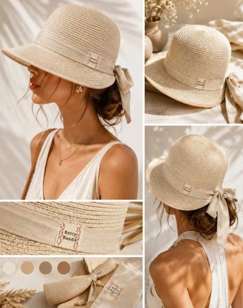 Betty Bands Kadın Hasır Şapka Kurdele Detaylı Yazlık Şapka Güneş Koruyucu Plaj Şapkası Tatil ve Plaj Aksesuarı