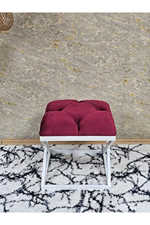 Beyaz Boyalı 45 cm x 45 cm Çaprazlı Puf Bench Oturak Bordo Renk 45 x 45 Boyut/Ebat