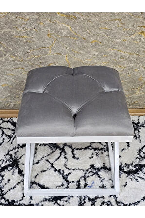 Beyaz Boyalı 45 cm x 45 cm Çaprazlı Puf Bench Oturak Gri Renk 45 x 45 Boyut/Ebat