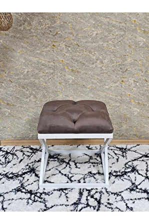 Beyaz Boyalı 45 cm x 45 cm Çaprazlı Puf Bench Oturak Kahverengi Renk 45 x 45 Boyut/Ebat