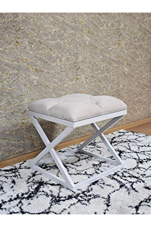 Beyaz Boyalı 45 cm x 45 cm Çaprazlı Puf Bench Oturak Krem Renk 45 x 45 Boyut/Ebat