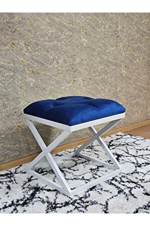 Beyaz Boyalı 45 cm x 45 cm Çaprazlı Puf Bench Oturak Mavi Renk 45 x 45 Boyut/Ebat