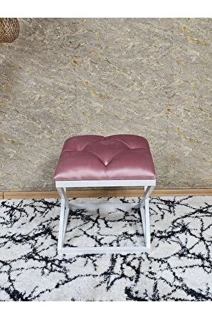 Beyaz Boyalı 45 cm x 45 cm Çaprazlı Puf Bench Oturak Pembe Renk 45 x 45 Boyut/Ebat