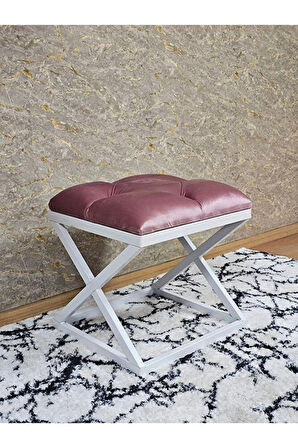 Beyaz Boyalı 45 cm x 45 cm Çaprazlı Puf Bench Oturak Pembe Renk 45 x 45 Boyut/Ebat
