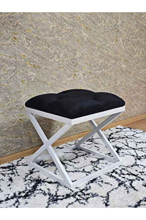 Beyaz Boyalı 45 cm x 45 cm Çaprazlı Puf Bench Oturak Siyah Renk 45 x 45 Boyut/Ebat