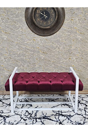 Beyaz Boyalı Metal 80 cm Puf Bench - Antre Puf - Hol Bench - Puf - Oturak - Bench Bordo Renk 90 x 45 Boyut/Ebat