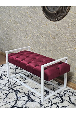 Beyaz Boyalı Metal 80 cm Puf Bench - Antre Puf - Hol Bench - Puf - Oturak - Bench Bordo Renk 90 x 45 Boyut/Ebat