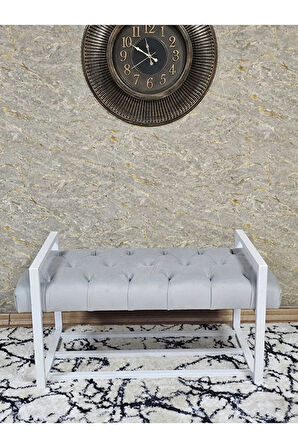 Beyaz Boyalı Metal 80 cm Puf Bench - Antre Puf - Hol Bench - Puf - Oturak - Bench Gri Renk 90 x 45 Boyut/Ebat