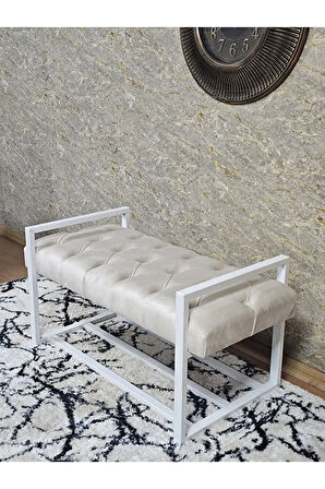 Beyaz Boyalı Metal 80 cm Puf Bench - Antre Puf - Hol Bench - Puf - Oturak - Bench Krem Renk 90 x 45 Boyut/Ebat