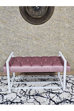 Beyaz Boyalı Metal 80 cm Puf Bench - Antre Puf - Hol Bench - Puf - Oturak - Bench Pembe Renk 90 x 45 Boyut/Ebat