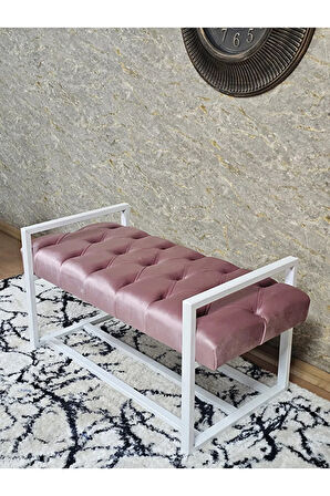 Beyaz Boyalı Metal 80 cm Puf Bench - Antre Puf - Hol Bench - Puf - Oturak - Bench Pembe Renk 90 x 45 Boyut/Ebat