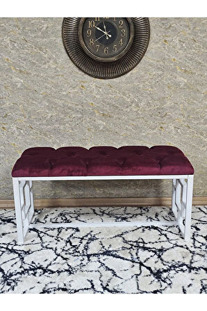 Beyaz Boyalı İçi Kareli Diktörtgen 100 cm x 40 cm Oturak Puf - Bench - Makyaj Oturağı - Oturak Bordo Renk 100 x 40 Boyut/Ebat
