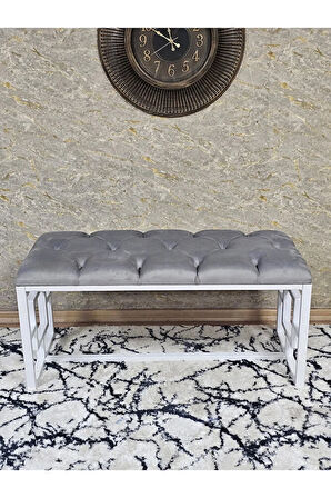 Beyaz Boyalı İçi Kareli Diktörtgen 100 cm x 40 cm Oturak Puf - Bench - Makyaj Oturağı - Oturak Gri Renk 100 x 40 Boyut/Ebat