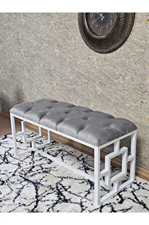 Beyaz Boyalı İçi Kareli Diktörtgen 100 cm x 40 cm Oturak Puf - Bench - Makyaj Oturağı - Oturak Gri Renk 100 x 40 Boyut/Ebat