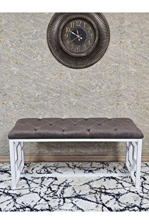 Beyaz Boyalı İçi Kareli Diktörtgen 100 cm x 40 cm Oturak Puf - Bench - Makyaj Oturağı - Oturak Kahverengi Renk 100 x 40 Boyut/Ebat