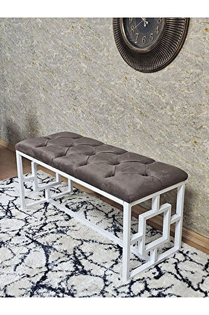 Beyaz Boyalı İçi Kareli Diktörtgen 100 cm x 40 cm Oturak Puf - Bench - Makyaj Oturağı - Oturak Kahverengi Renk 100 x 40 Boyut/Ebat