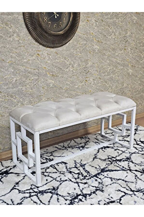 Beyaz Boyalı İçi Kareli Diktörtgen 100 cm x 40 cm Oturak Puf - Bench - Makyaj Oturağı - Oturak Krem Renk 100 x 40 Boyut/Ebat