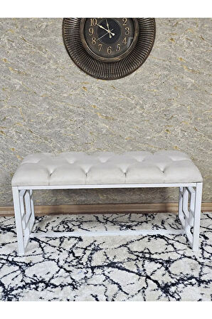 Beyaz Boyalı İçi Kareli Diktörtgen 100 cm x 40 cm Oturak Puf - Bench - Makyaj Oturağı - Oturak Krem Renk 100 x 40 Boyut/Ebat