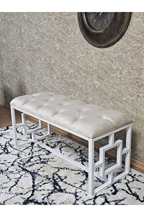 Beyaz Boyalı İçi Kareli Diktörtgen 100 cm x 40 cm Oturak Puf - Bench - Makyaj Oturağı - Oturak Krem Renk 100 x 40 Boyut/Ebat