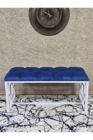 Beyaz Boyalı İçi Kareli Diktörtgen 100 cm x 40 cm Oturak Puf - Bench - Makyaj Oturağı - Oturak Mavi Renk 100 x 40 Boyut/Ebat